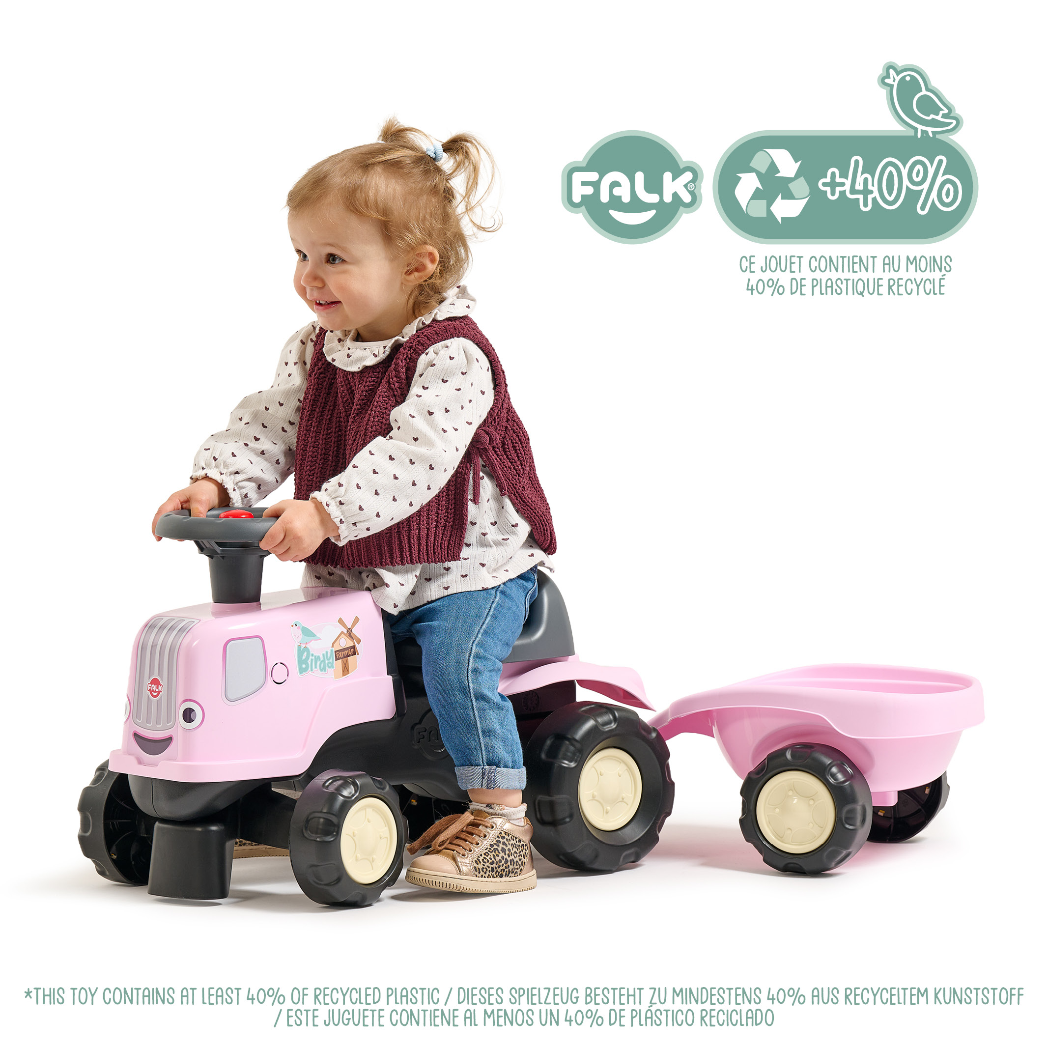 falk-birdy-farm-traktor-rutschfahrzeug-rosa-mit-anh-nger image 2
