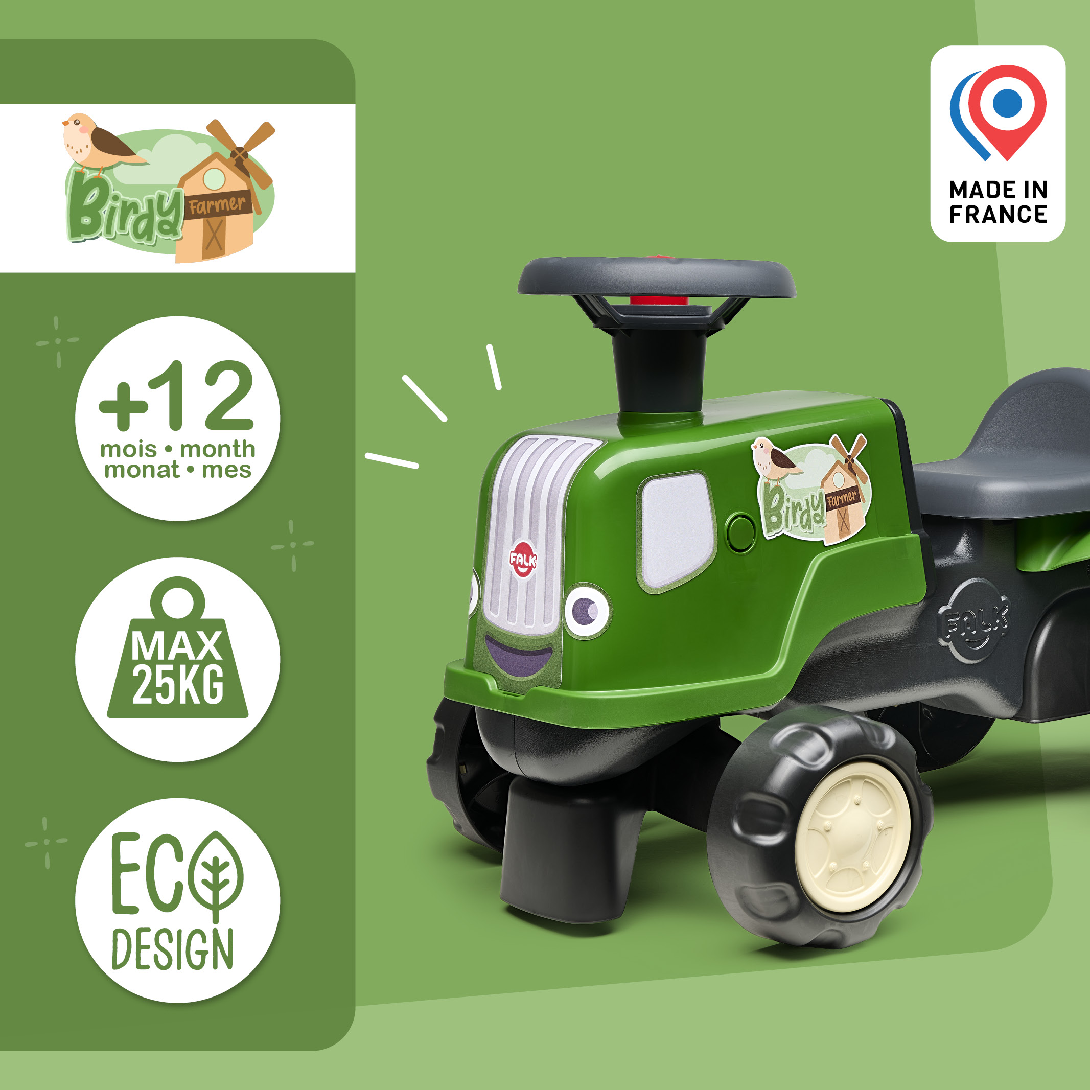 falk-birdy-farm-traktor-rutschfahrzeug-gr-n-mit-anh-nger image 4