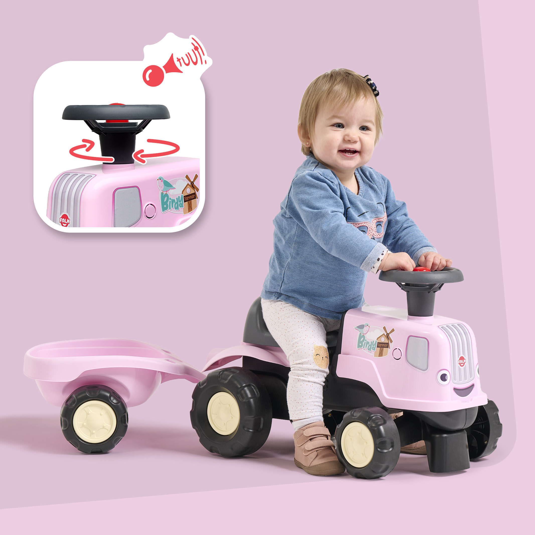 falk-birdy-farm-traktor-rutschfahrzeug-rosa-mit-anh-nger image 3