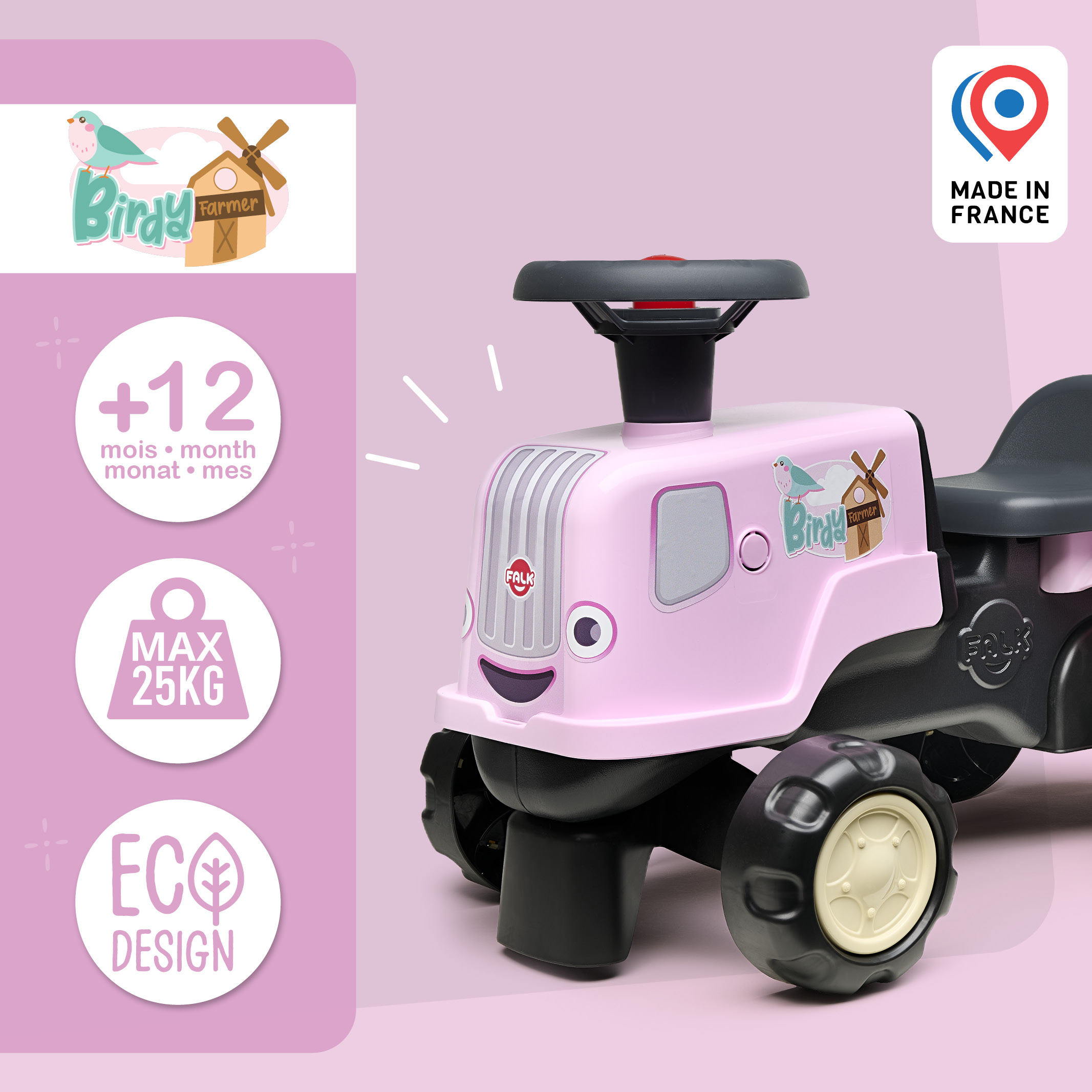 falk-birdy-farm-traktor-rutschfahrzeug-rosa-mit-anh-nger image 4