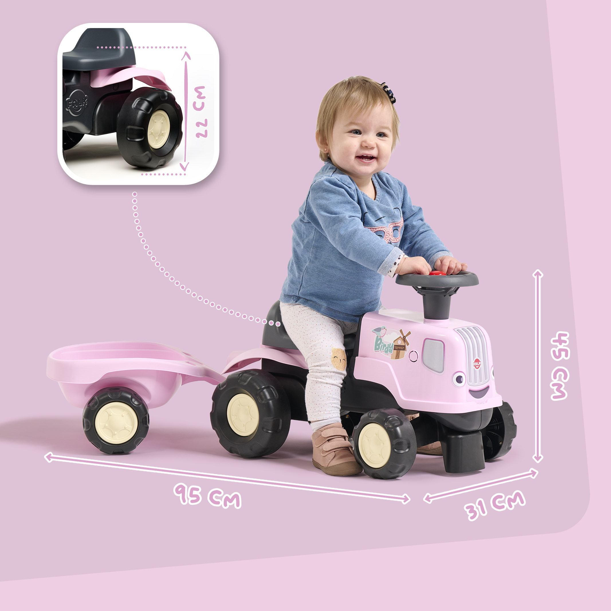 falk-birdy-farm-traktor-rutschfahrzeug-rosa-mit-anh-nger image 5