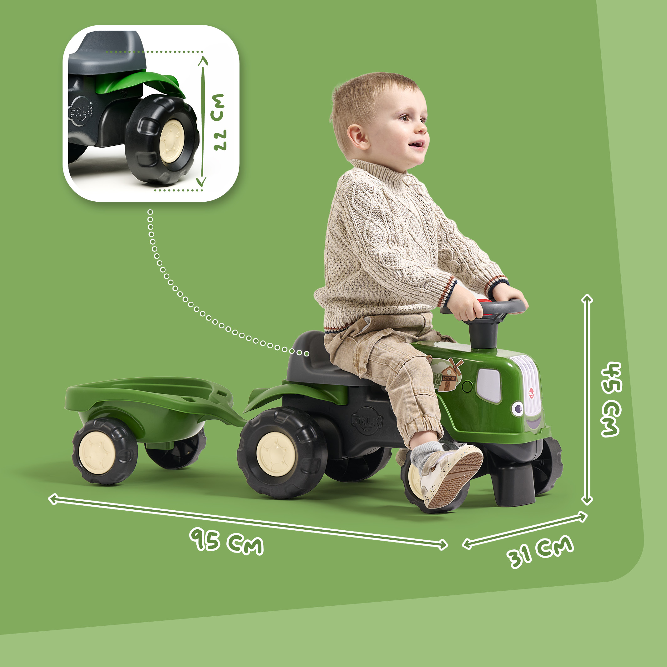 falk-birdy-farm-traktor-rutschfahrzeug-gr-n-mit-anh-nger image 3